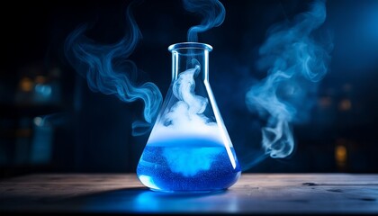 Dynamic laboratory scene featuring a flask with a vibrant, glowing reaction swirling inside, accompanied by gently rising smoke and shifting light patterns across the glass