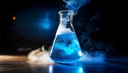 Dynamic laboratory scene featuring a flask with a vibrant, glowing reaction swirling inside, accompanied by gently rising smoke and shifting light patterns across the glass