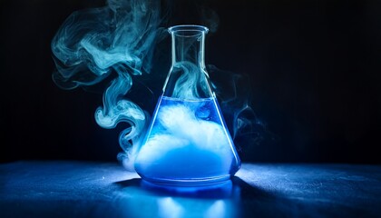 Dynamic laboratory scene featuring a flask with a vibrant, glowing reaction swirling inside, accompanied by gently rising smoke and shifting light patterns across the glass