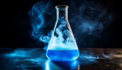 Dynamic laboratory scene featuring a flask with a vibrant, glowing reaction swirling inside, accompanied by gently rising smoke and shifting light patterns across the glass