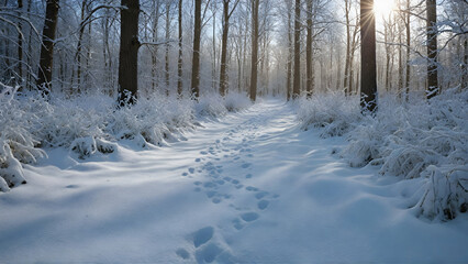 Fototapeta premium Snowy branches laden with frost define the cold, white winter forest landscape