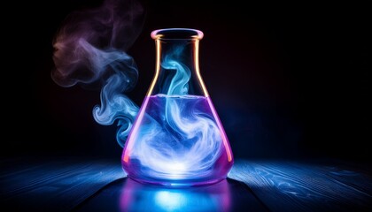 Dynamic laboratory scene featuring a flask with a vibrant, glowing reaction swirling inside, accompanied by gently rising smoke and shifting light patterns across the glass