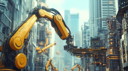 Robotic arm operating in a futuristic metropolitan environment