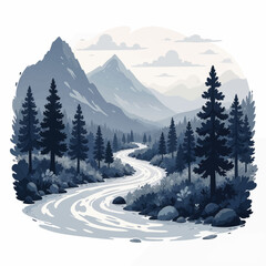 Fototapeta premium Monochromatic pixel art mountain landscape with river and pines