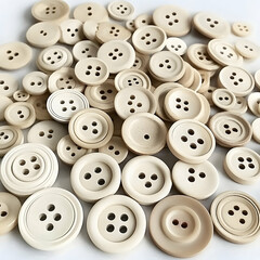 Fototapeta premium Beige buttons scattered on a white background, ideal for craft projects or fashion blogs