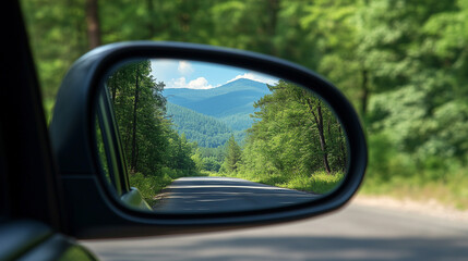 Scenic view of forest road and mountains reflected in a car's rearview mirror - peaceful journey through nature.