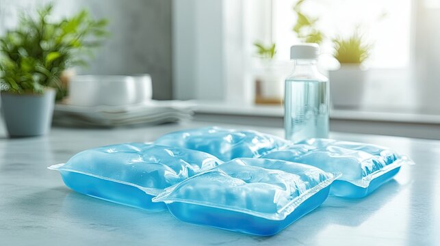 Several blue ice packs are arranged near a small liquid bottle