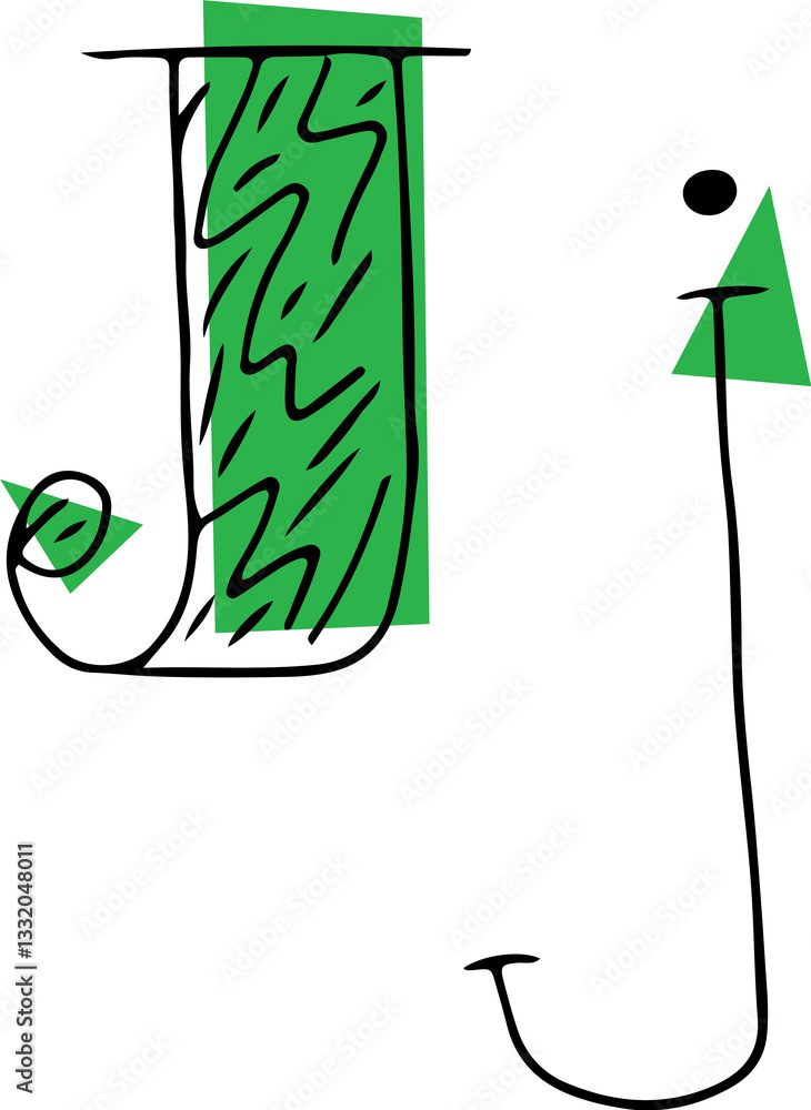 Fototapete capital letter j and lowercase letter hand drawn in black with shaded capital letter with green fill