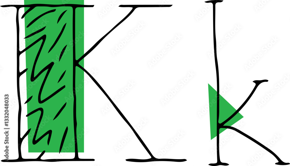 Fototapete capital letter k and lowercase letter hand drawn in black with shaded capital letter with green fill
