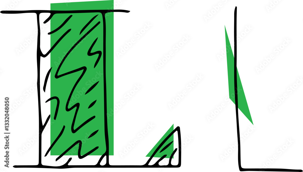 Fototapete capital letter l and lowercase letter hand drawn in black with shaded capital letter with green fill