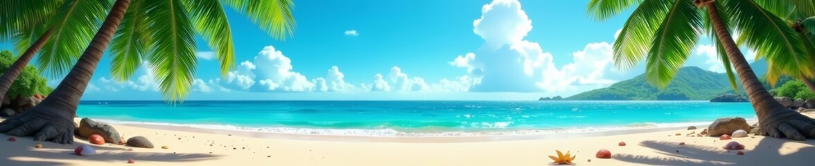 Obraz premium Serene beach scene border with palm trees, waves, and seashells, coastline, travel