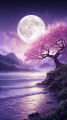 Sakura tree with moon view by the sea