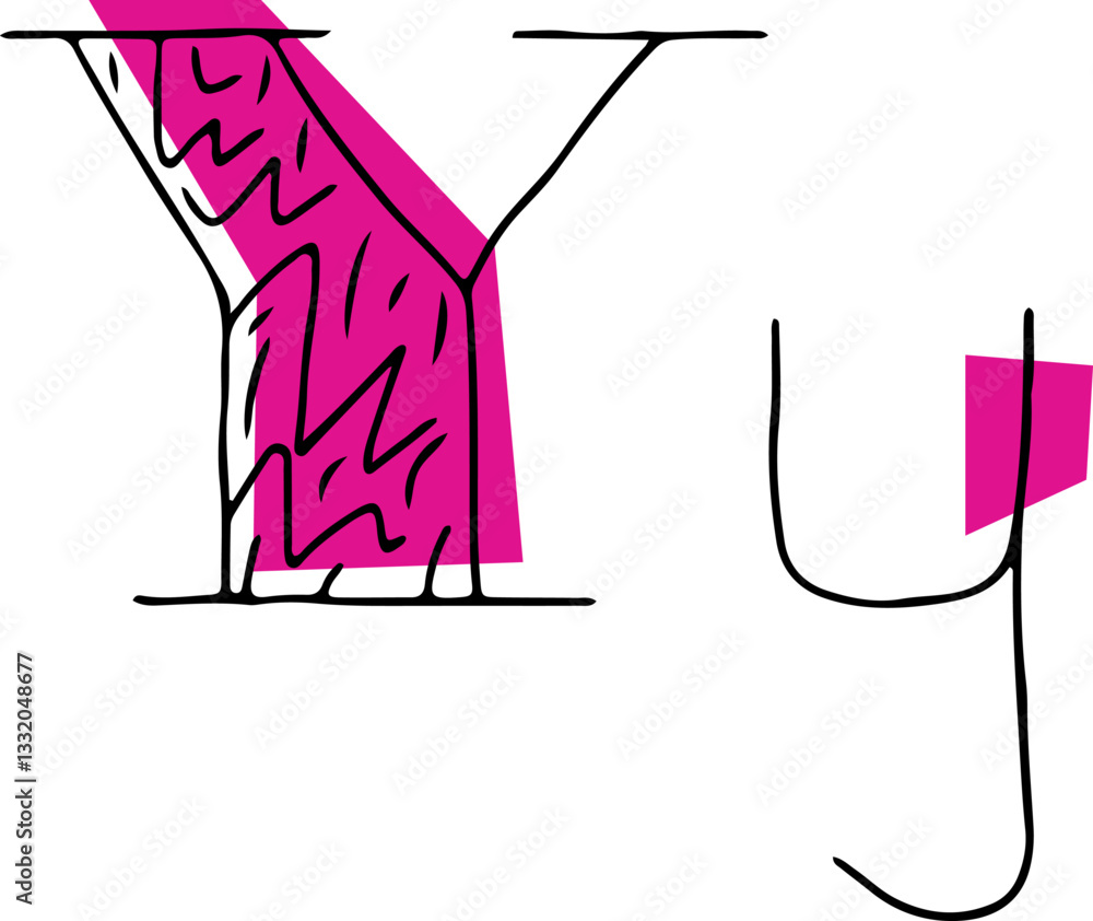 Fototapete capital letter y and lowercase letter hand drawn in black with shaded capital letter with pink fills