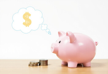 Pink piggy bank with coins and dollar sign thought bubble. Saving money concept.