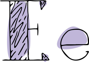 capital letter E and lowercase letter e hand drawn in black with shaded lines capital letter with light violet fills in a rounded shape
