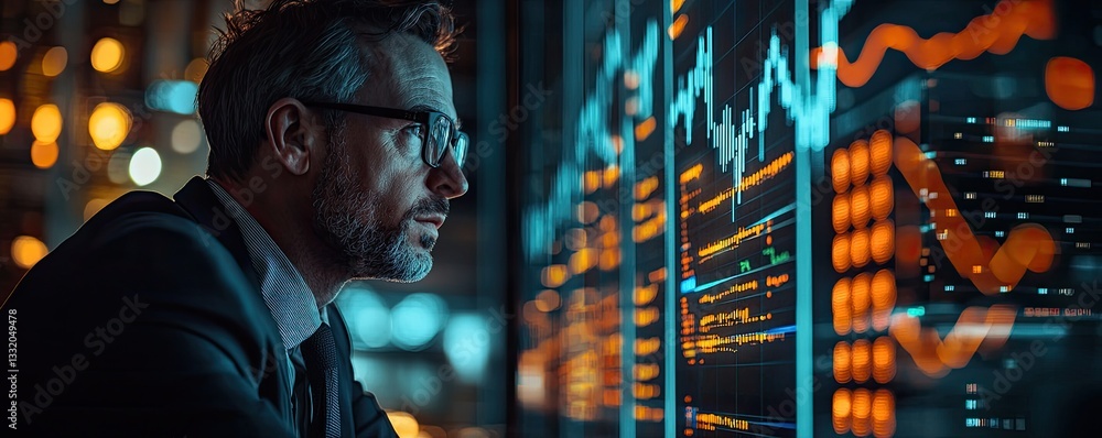 Poster a focused individual analyzes digital financial data on multiple screens, surrounded by a high-tech 