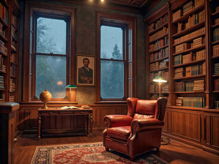 A cozy library room with bookshelves, a leather armchair, a desk, a globe, and a portrait of a man.