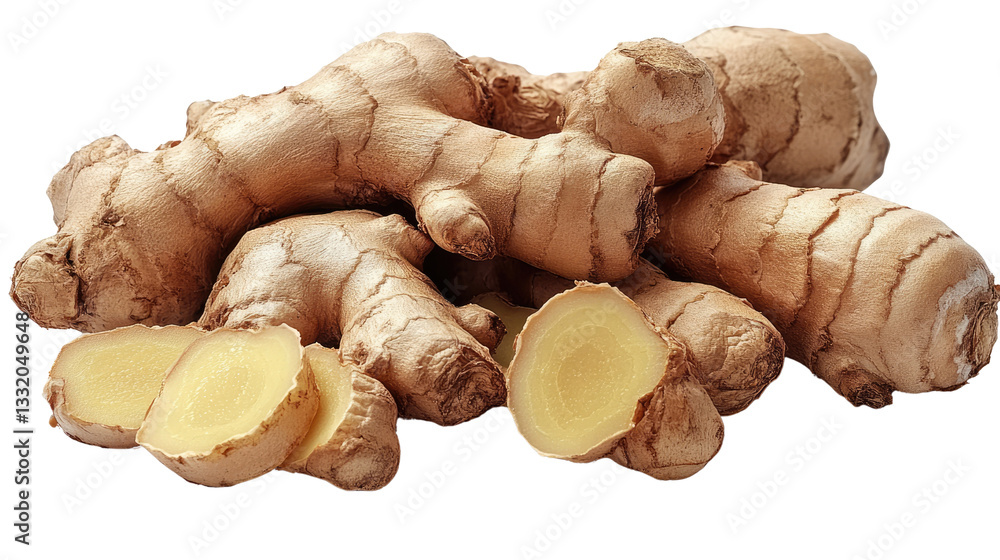Poster spice of life: close-up captures an arrangement of fresh ginger root, both whole and sliced, emphasi