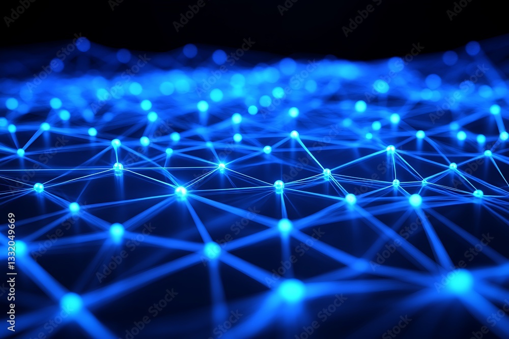 Poster illuminated blue network of connected spheres and lines in a void