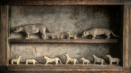 Antique wooden box showcasing miniature animal figurines; rustic background; ideal for vintage, wildlife, or nostalgic themes