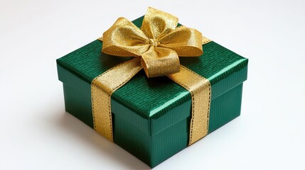 Fototapeta premium Green present box with golden bow and ribbon on white backdrop.