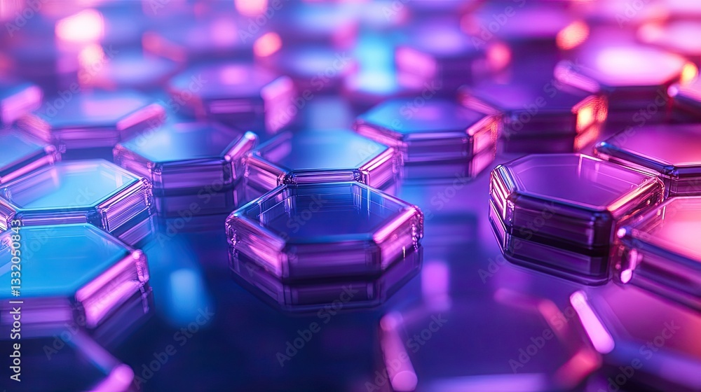 Poster a vibrant close-up of hexagonal shapes illuminated in purple and blue hues, creating a modern and ab