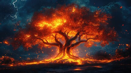 A fiery tree illuminated by glowing lava against a dark sky, evoking a dramatic and surreal atmosphere.