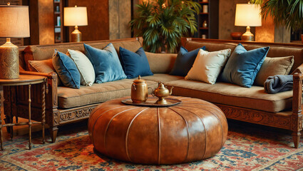 An interior living room with a large brown leather sofa, numerous cushions, a round leather ottoman, two side tables with lamps, and potted plants.