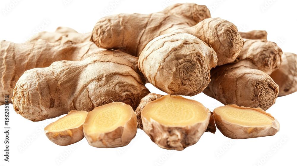 Poster ginger roots and slices: a close-up shot of fresh ginger roots and slices arranged. highlighting the