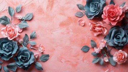 Minimal navy blue floral composition on pink rose texture background. Spring aesthetic for cosmetics or wedding invites. Flat lay with copy space.