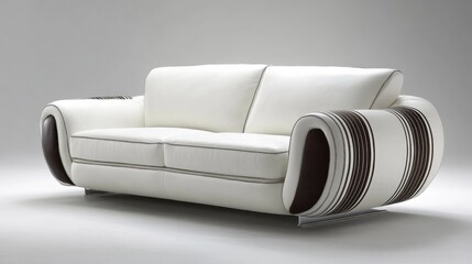 Modern white leather sofa with thick dark brown stripes