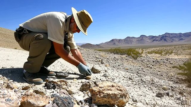 _Geologist examining rock formations in a desert environment