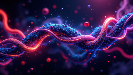 Vivid 3D rendering of a DNA double helix with molecular structures highlighted in vibrant colors.