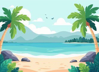 Fototapeta premium Tropical Beach Palm Trees Cartoon Landscape Scene