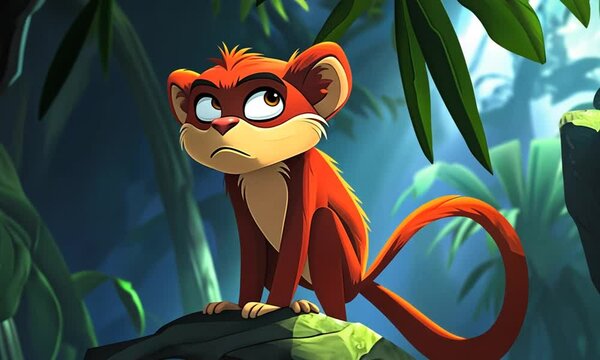 Animated monkey looks forward in jungle, perched on rock, surrounded by foliage and shadows