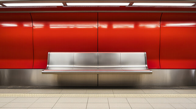 An empty subway bench in the middle of a red station.