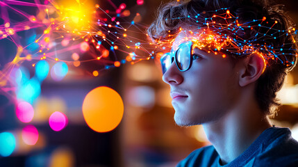 Young Person With Colorful Data Streams Emerging From Head