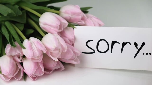 delicate bouquet pink tulips and card with inscription sorry. placing handwritten apology card on table. bouquet of apologies. close up.