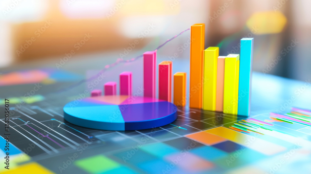 Poster colorful data visualization with bar graphs and pie charts showcasing statistical information in an 