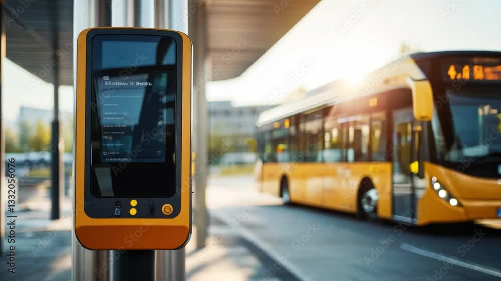 Poster bus stop with a digital schedule display and a city bus approaching during sunset hours