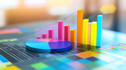 Colorful data visualization with bar graphs and pie charts showcasing statistical information in an office setting