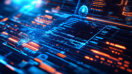 Vivid technological design showcasing digital circuitry and glowing elements in a modern abstract space