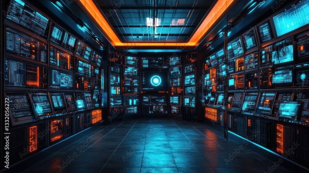 Poster futuristic control room with numerous screens displaying data.