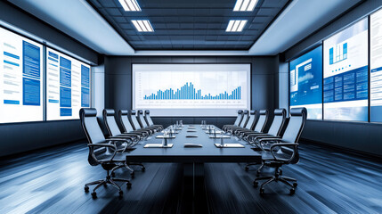Conference room equipped with advanced technology and data displays for presentations and meetings