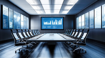 Conference room equipped with advanced technology and data displays for presentations and meetings