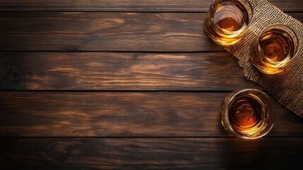 Scotch whiskey on table, top view with space for text