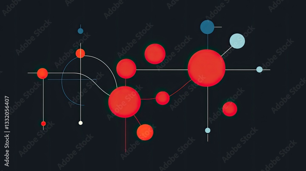 Poster abstract network graphic with interconnected red nodes and lines on dark background.