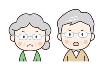 怒り顔のシニア夫婦の上半身イラスト
