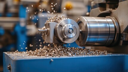 Precision metal lathe machine in operation with shavings flying, set against a blue background