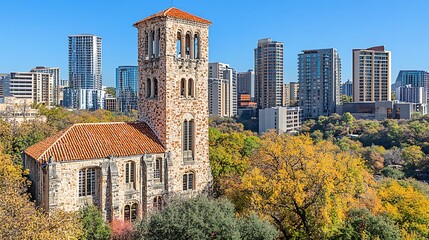 Obraz premium Stone church building with urban cityscape against blue sky